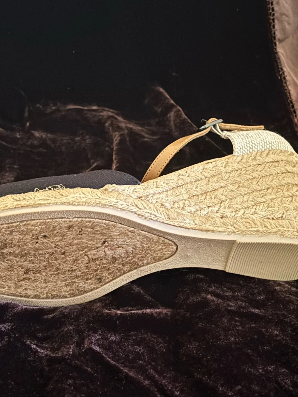 White Mountain Tan and Black Espadrille Wedge Sandals